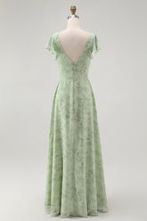 Dusty Sage A Linie Kurzärmeliges Brautjungfernkleid mit Schlitz